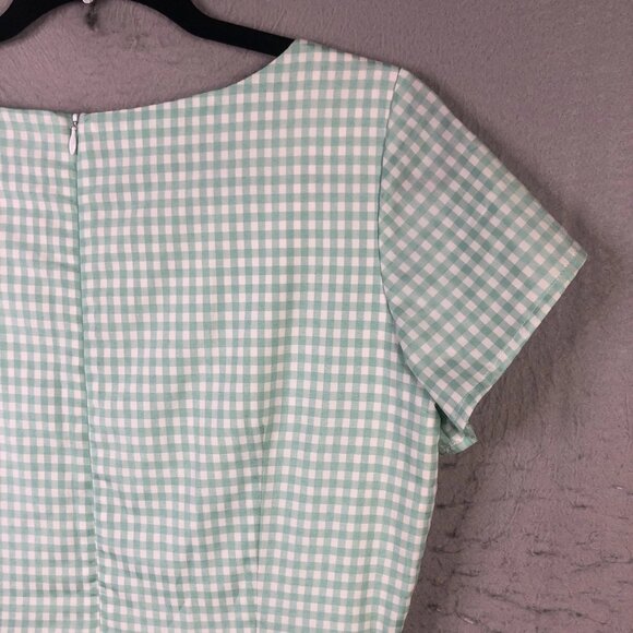 Shabby Apple Dress Womens 12 Green Gingham Fit Flare Short Sleeve Midi Modest - Picture 5 of 7